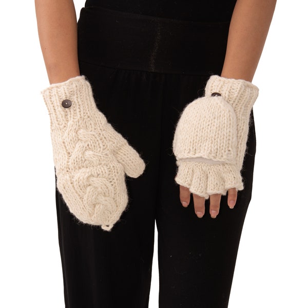 Hand Knitted Cable 100% Merino Wool Flip Top Snowboard Finger less Ski Fleece Lined Fingerless Mittens Convertible Texting Gloves