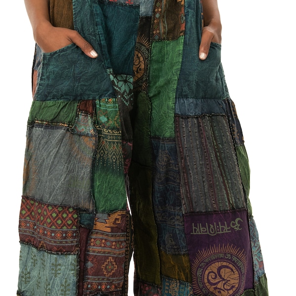 Patchwork Jumpsuit with Wide-Leg  Overalls With Pockets and Adjustable Straps Pants  Wide Leg Pants Hippie Pants  Patchwork Pants