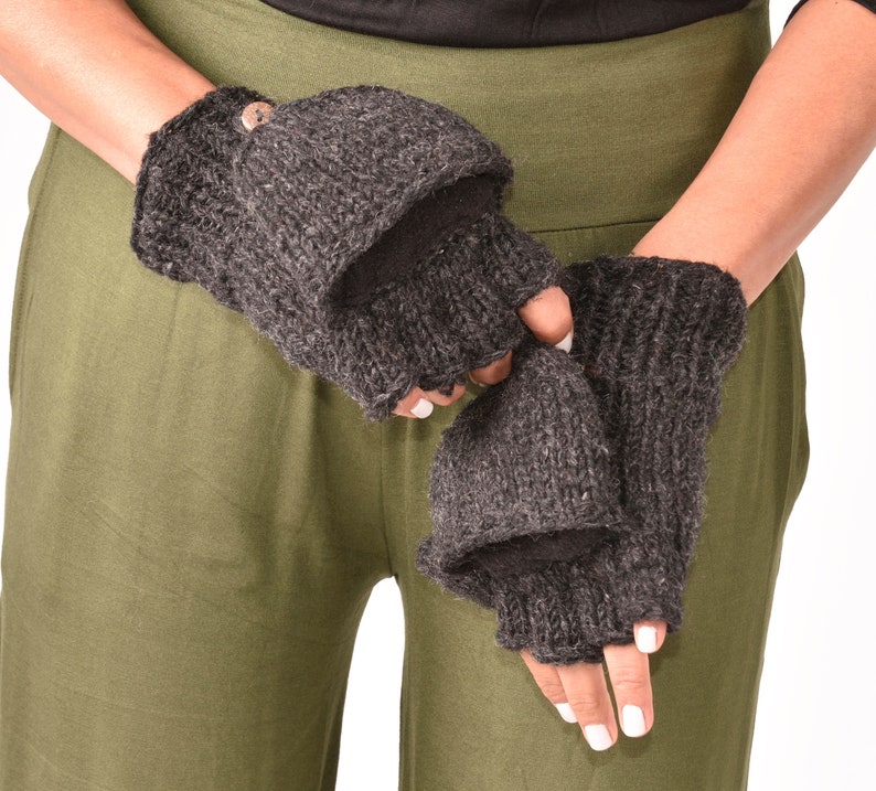 Hand Knitted Cable 100% Merino Wool Flip Top Snowboard Finger less Ski Fleece Lined Fingerless Mittens Convertible Texting Gloves Charcoal image 1
