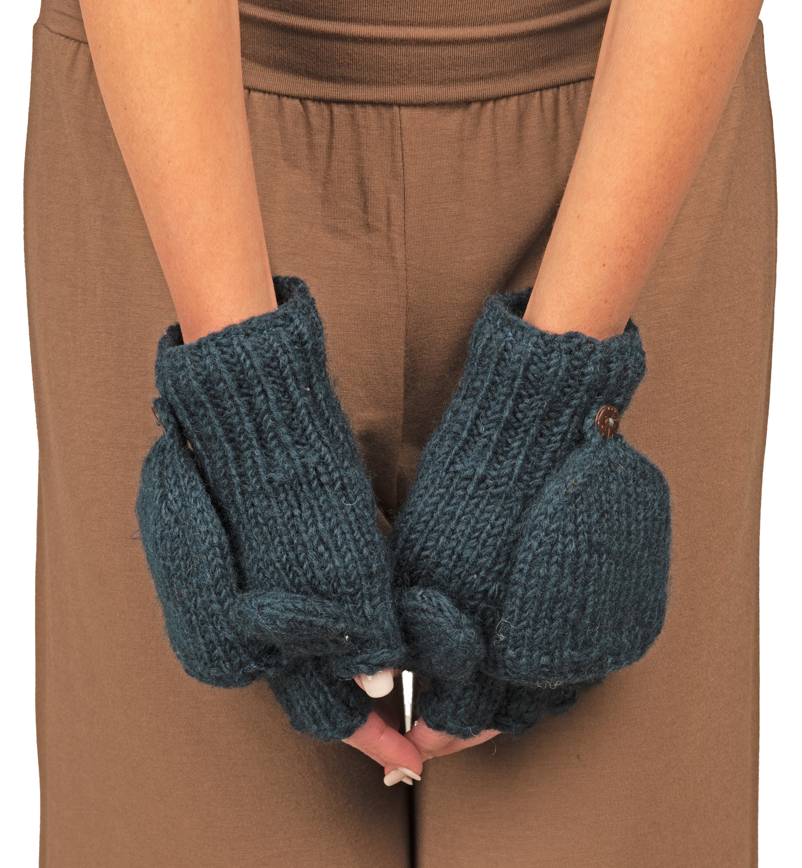 Hand-knit Wool Convertible Fingerless Gloves: Fleece Lined