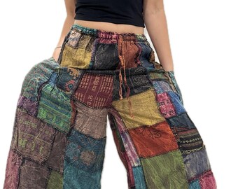 Pants Patchwork Cotton Wide-leg Pants With Pockets Hippie