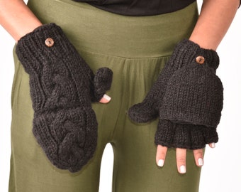 Hand Knitted Cable 100% Merino Wool Flip Top Snowboard Finger less Ski Fleece Lined Fingerless Mittens Convertible Texting Gloves