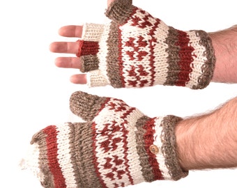 Hand Knitted 100% Merino Wool Flip Top Snowboard Finger less Ski Polar Fleece Lined Fingerless Nepalese Mittens Convertible Texting Gloves