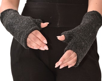 Hand Made 100% Merino Wool Fingerless Mittens Convertible Gloves Texting Gloves - Charcoal