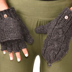 Hand Knitted Cable 100% Merino Wool Flip Top Snowboard Finger less Ski Fleece Lined Fingerless Mittens Convertible Texting Gloves Charcoal image 7