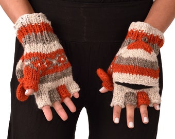 Hand Knitted Wool Convertible Fingerless Mittens: Polar Fleece Lined Orange/Grey/Tan