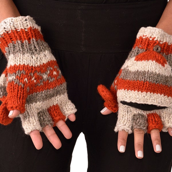 Hand Knitted 100% Merino Wool Flip Top Snowboard Finger less Ski Polar Fleece Lined Fingerless Nepalese Mittens Convertible Texting Gloves