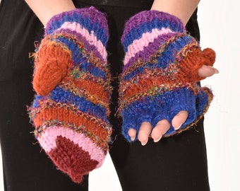 Hand Knitted 100% Merino Wool Flip Top Snowboard Finger less Ski Polar Fleece Lined Fingerless Nepalese Mittens Convertible Texting Gloves