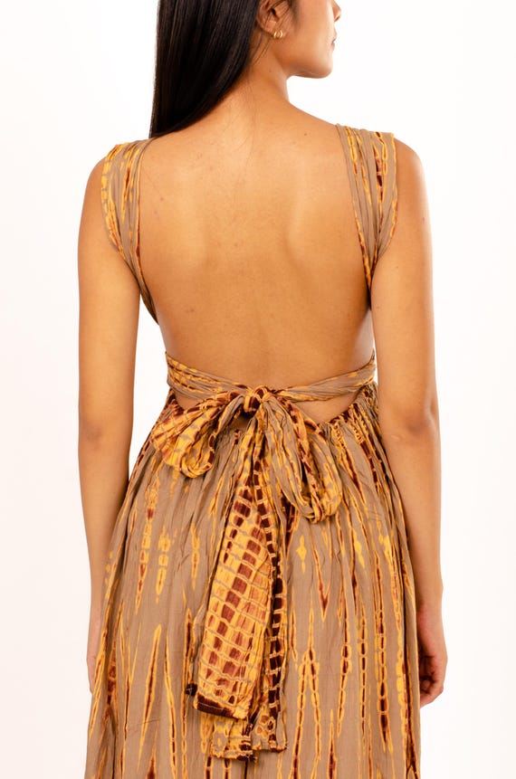 Hand-Painted Tie-Dye Rayon Maxi Dress: Summer Sunset Side Slit Tan Dress
