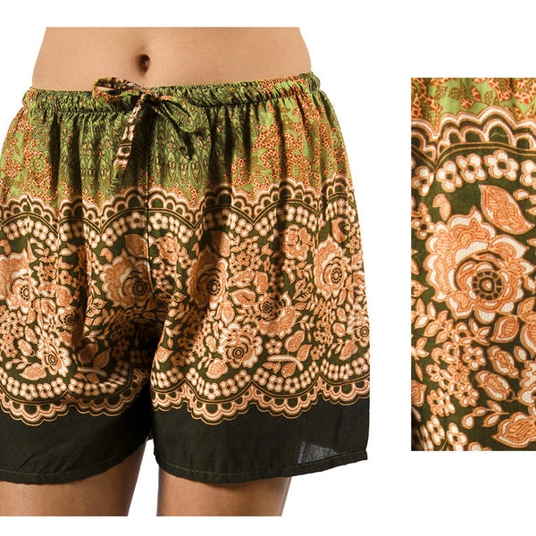 Shorts Rose Flower printed hippy festival shorts printed on high quality silky soft Rayon with matching drawsting and elastic waistband