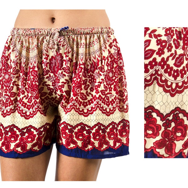 Shorts Rose Flower printed hippy festival shorts printed on high quality silky soft Rayon with matching drawsting and elastic waistband