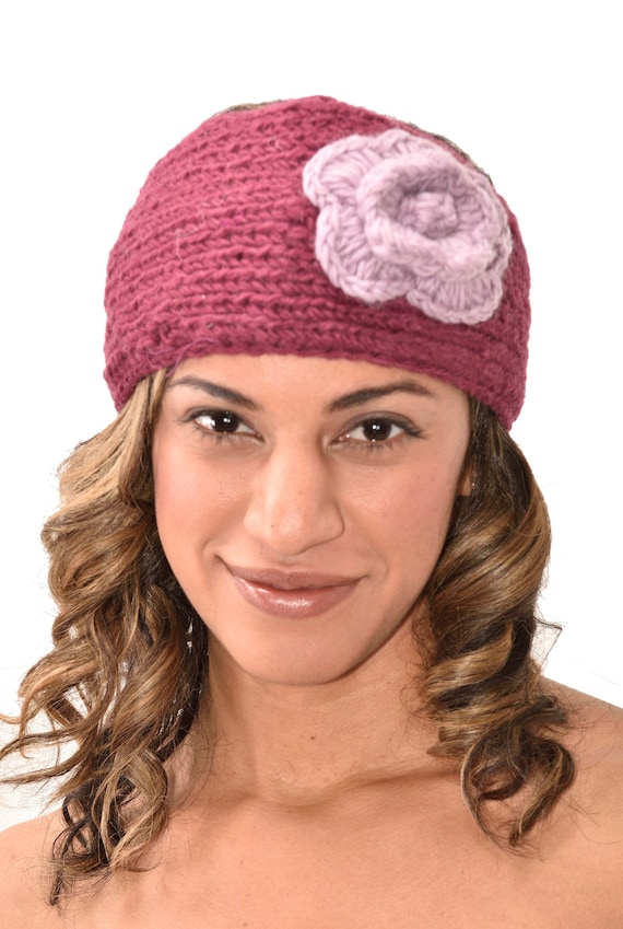 Hand Knit Merino Wool Headband: Fleece Lined Crochet Flower  display picture 3