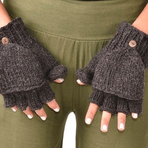 Hand Knitted Cable 100% Merino Wool Flip Top Snowboard Finger less Ski Fleece Lined Fingerless Mittens Convertible Texting Gloves Charcoal image 2