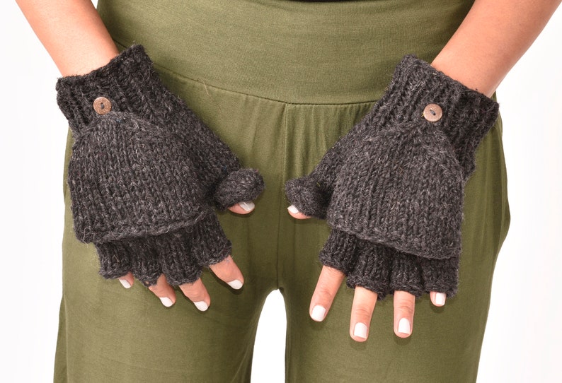 Hand Knitted Cable 100% Merino Wool Flip Top Snowboard Finger less Ski Fleece Lined Fingerless Mittens Convertible Texting Gloves Charcoal image 2