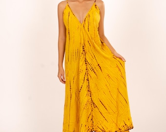 Vestido de rayón teñido a mano: bohemio amarillo con lazo en la espalda