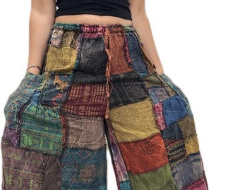 Pants Patchwork Cotton Wide-leg Pants With Pockets Hippie