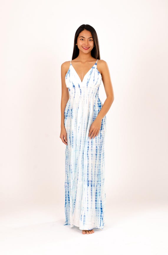 Hand-Painted Tie-Dye Rayon Dress: White Shimmer V-Neck Maxi long dress