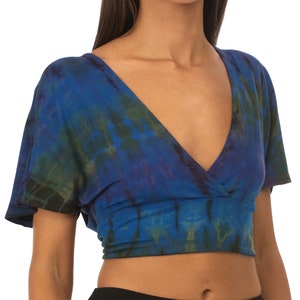 Tie-Dye V-Neck Open Back Top: Rayon Blend, Short Sleeve