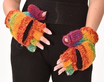 Hand Knit Wool Glittens: Polar Fleece Lined Convertible Fingerless Gloves
