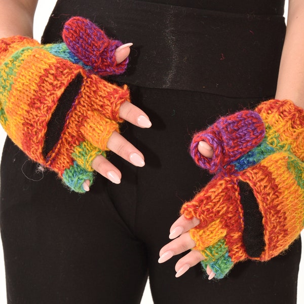 Hand Made 100% Merino Wool Flip Top Snowboard Finger less Ski Polar Fleece Lined Fingerless Nepalese Mittens Convertible Texting Gloves