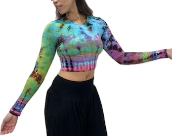 Hand-Painted Tie Dye Crop Top: Long Sleeve Rayon Blend Hippie Blouse