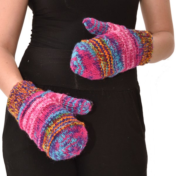 Hand Knitted 100% Merino Wool Snowboard Ski Polar Fleece Lined Nepalese Himalayan Women's Winter Woolen Mittens