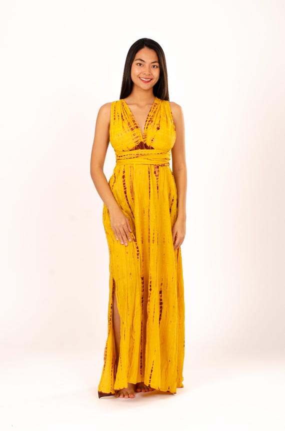 Hand-Painted Tie-Dye Rayon Maxi Dress: Summer Sunset Side Slit Yellow Dress