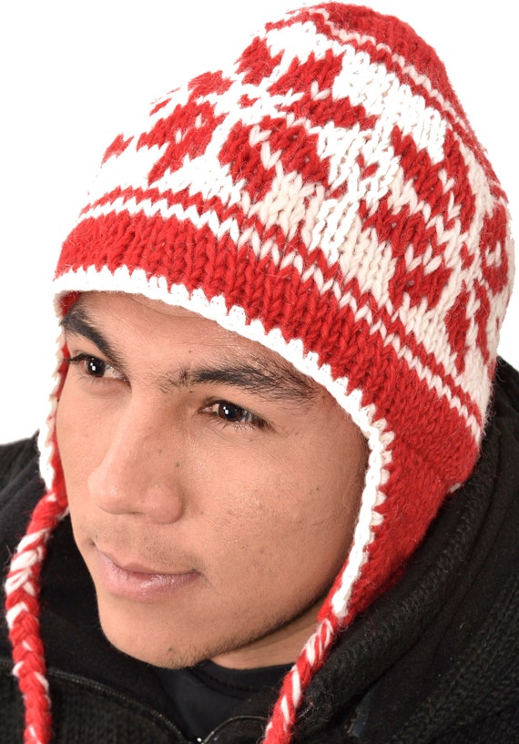 Hand Knitted Merino Wool Chullo Hat: Polar Fleece Lined Sherpa Cap