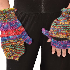 Hand Knitted Merino Wool Glittens: Polar Fleece Lined Convertible Mittens