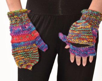 Hand Knitted 100% Merino Wool Flip Top Snowboard Finger less Ski Polar Fleece Lined Fingerless Nepalese Mittens Convertible Texting Gloves