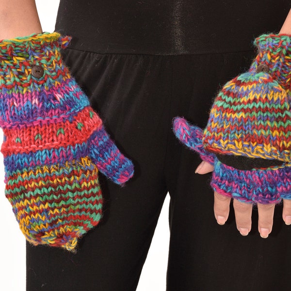 Hand Knitted 100% Merino Wool Flip Top Snowboard Finger less Ski Polar Fleece Lined Fingerless Nepalese Mittens Convertible Texting Gloves