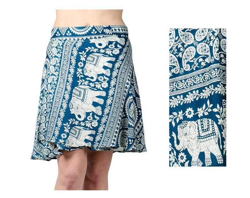 Elephant Print Short Wrap Skirt Teal 3289T