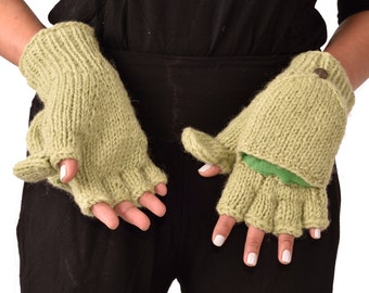 Hand Knitted Cable 100% Merino Wool Flip Top Snowboard Finger less Ski Fleece Lined Fingerless Mittens Convertible Texting Gloves