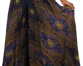 Pantalones anchos de rayón con estampado de pavo real: cintura fruncida, hechos a mano