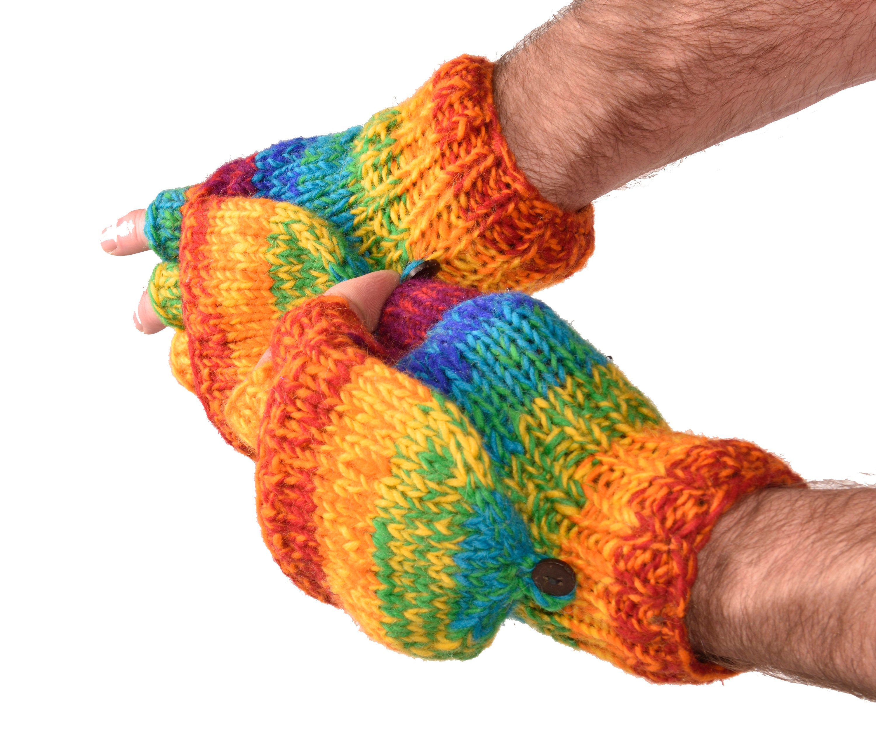 Hand Knit Wool Convertible Fingerless Mittens: Fleece Lined Glittens