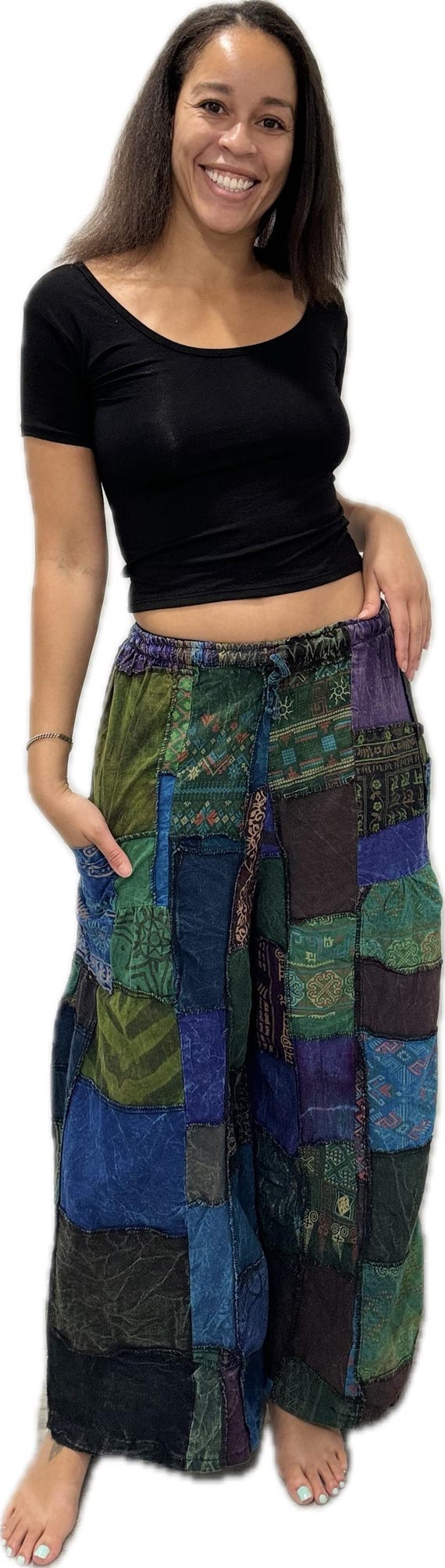 Pants Patchwork Cotton Wide-leg Pants With Pockets Hippie