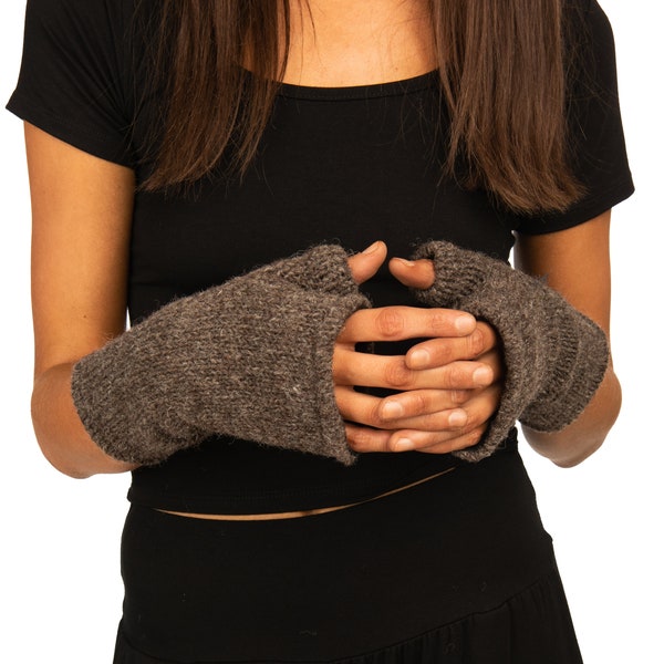Hand Made 100% Merino Wool Fingerless Mittens Convertible Gloves Texting Gloves - Charcoal