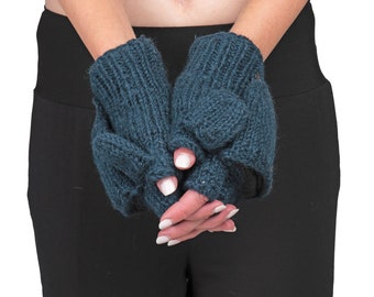 Hand-knit Wool Convertible Fingerless Gloves: Fleece Lined