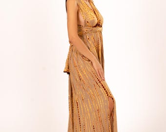 Hand-Painted Tie-Dye Rayon Maxi Dress: Summer Sunset Side Slit Tan dress
