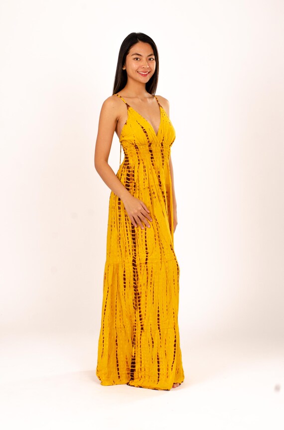 Hand-Painted Tie-Dye Rayon Dress: Yellow Shimmer V-Neck Maxi Long Dress