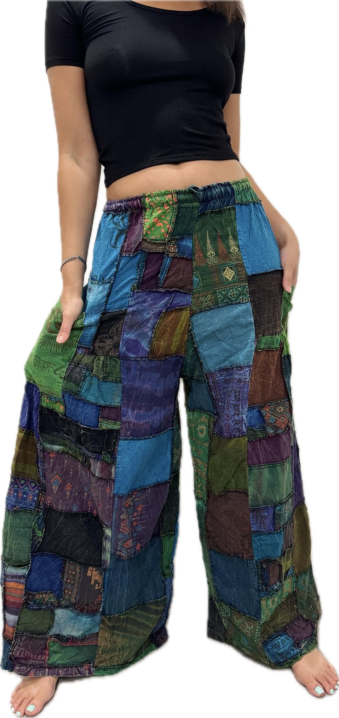 タグ付✨Eaphi cotton lace patchwork pants Pants Patchwork Cotton Wide-leg Pants With Pockets Hippie