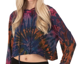 Tie Dye Crop Hoodie: Hand-Painted Rayon Spandex Blend