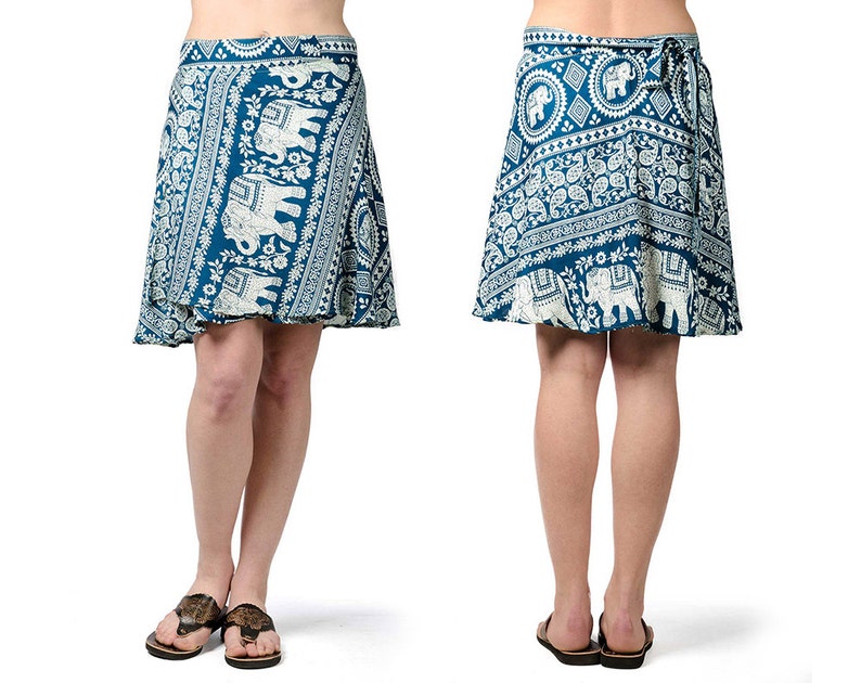 Elephant Print Short Wrap Skirt Teal 3289T