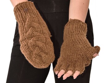 Hand Knitted Cable 100% Merino Wool Flip Top Snowboard Finger less Ski Fleece Lined Fingerless Mittens Convertible Texting Gloves