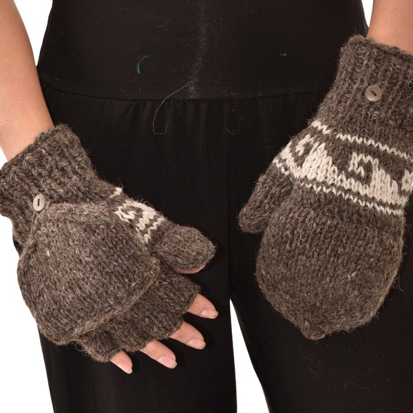 Hand Made 100% Merino Wool Flip Top Snowboard Finger less Ski Polar Fleece Lined Fingerless Nepalese Mittens Convertible Texting Gloves