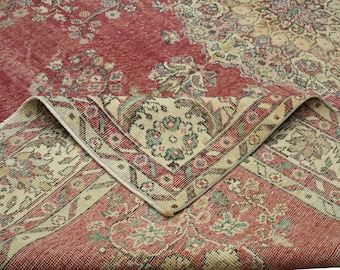 Alfombra turca Oushak vintage hecha a mano: alfombra bohemia anatolia de lana de 6,11 x 10,0 pies,