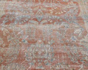 7x9 Vintage Turkish Oushak Rug, Rust Blue Distressed Wool Rug 7'5" x 9'5"