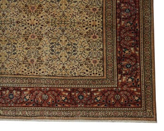 Alfombra turca beige anudada a mano de 8x12 / Alfombra de área floral de lana vintage