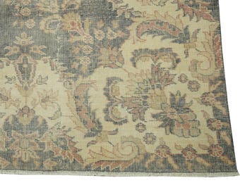 Alfombra turca vintage azul grisácea de 9x14 / Alfombra de lana tejida a mano / Alfombra floral grande con efecto desgastado