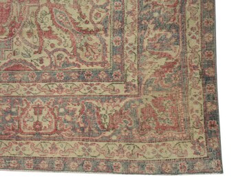 Vintage Oushak-vloerkleed 8 x 11 | Koraalroze wollen vloerkleed | Turks tapijt | Woonkamerinrichting